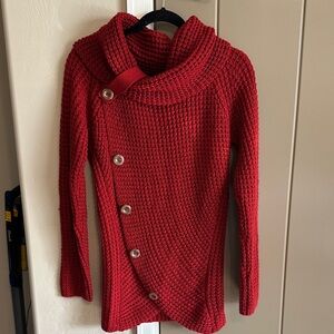 Chic Red Buttoned Cowl Neck Sweater